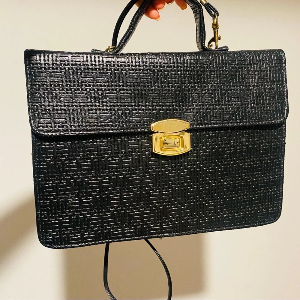 Vintage Black Woven Texture Briefcase W Gold Brass Closure
